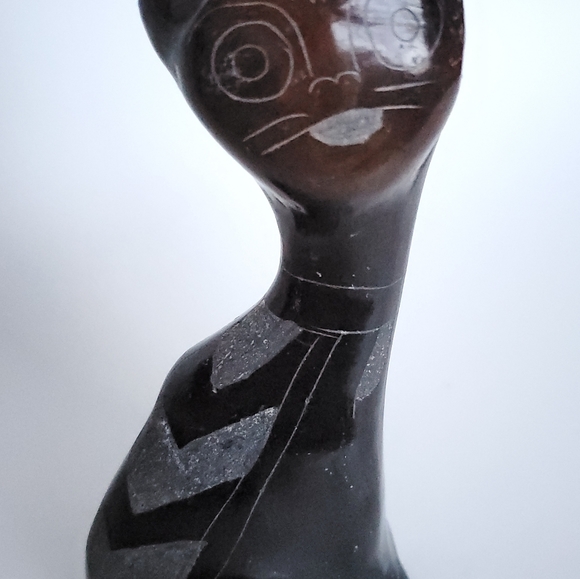 Black Clay Cat Figure, Vintage Mexican Pottery, Vtg Folk Art, Hand Etched Design - Picture 8 of 8